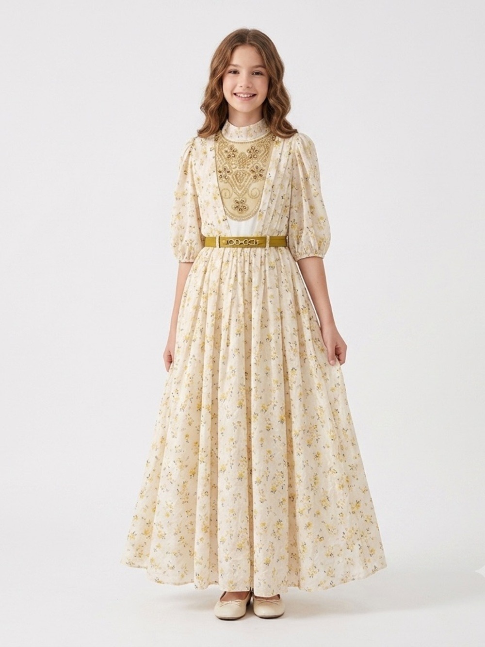 Almira Cream Maxi Dress with Yellow Floral Accents and Belt girls 14 NWT